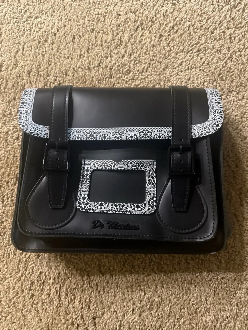 EUC Dr. Martens Black Leather White Lace Trim Messenger Bag RARE